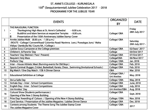 Events Time Table for the Year 2017